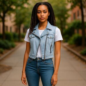 Bullhead Y2k Lightwash Moto Quilted Cropped 100% Cotton Denim Vest Size Small